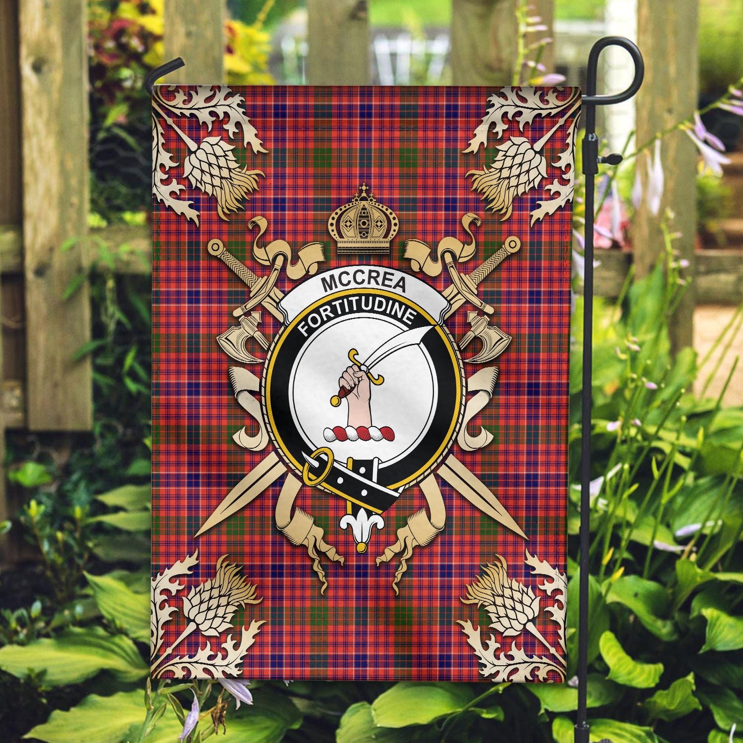 McCrea Tartan Crest Black Garden Flag - Gold Thistle Style