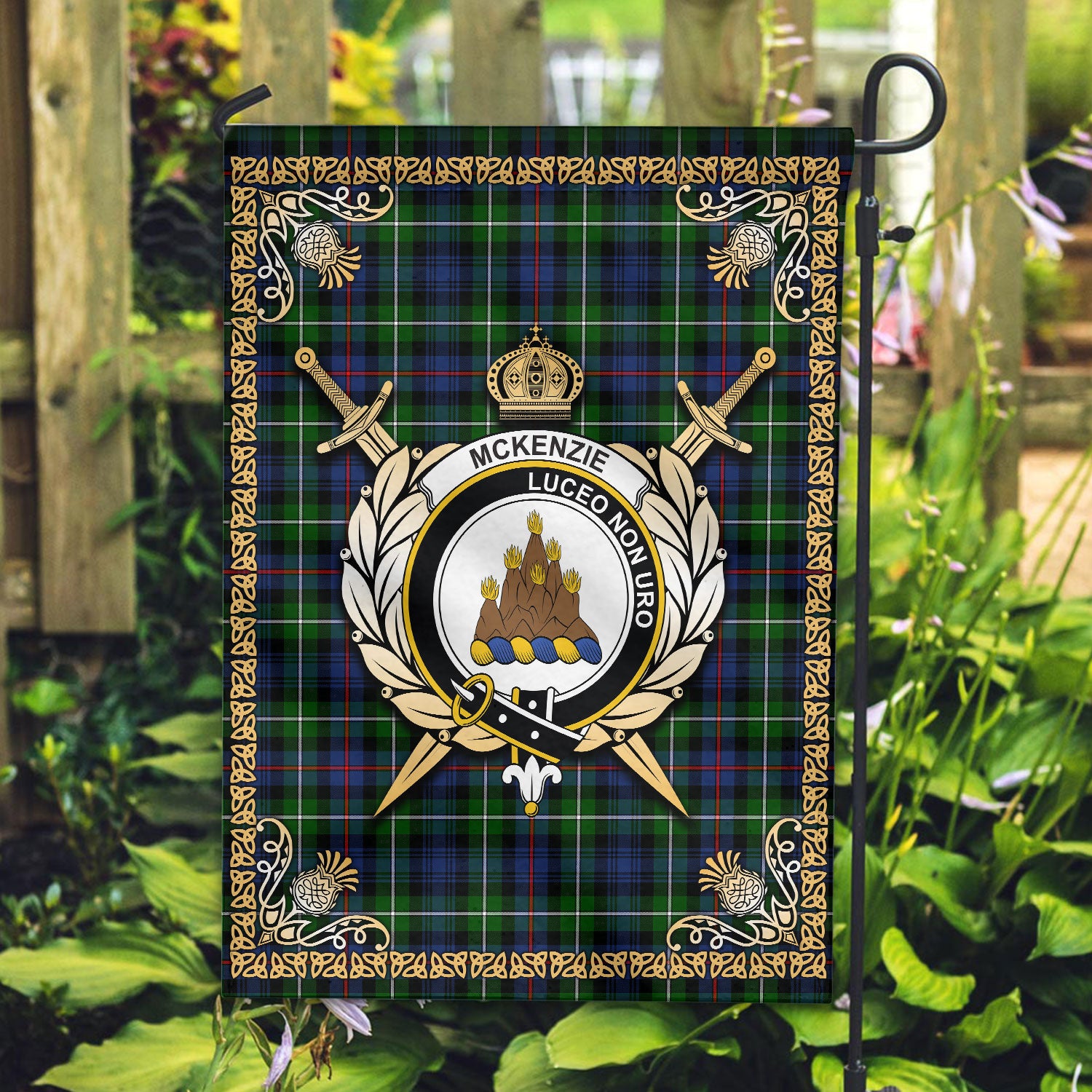 McKenzie Tartan Crest Garden Flag - Celtic Thistle Style