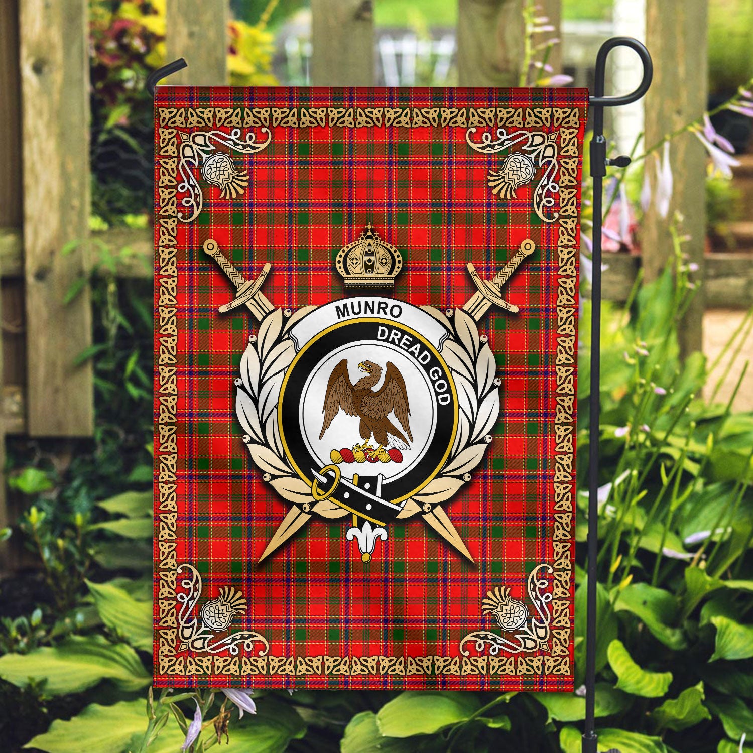 Munro Modern Tartan Crest Garden Flag - Celtic Thistle Style