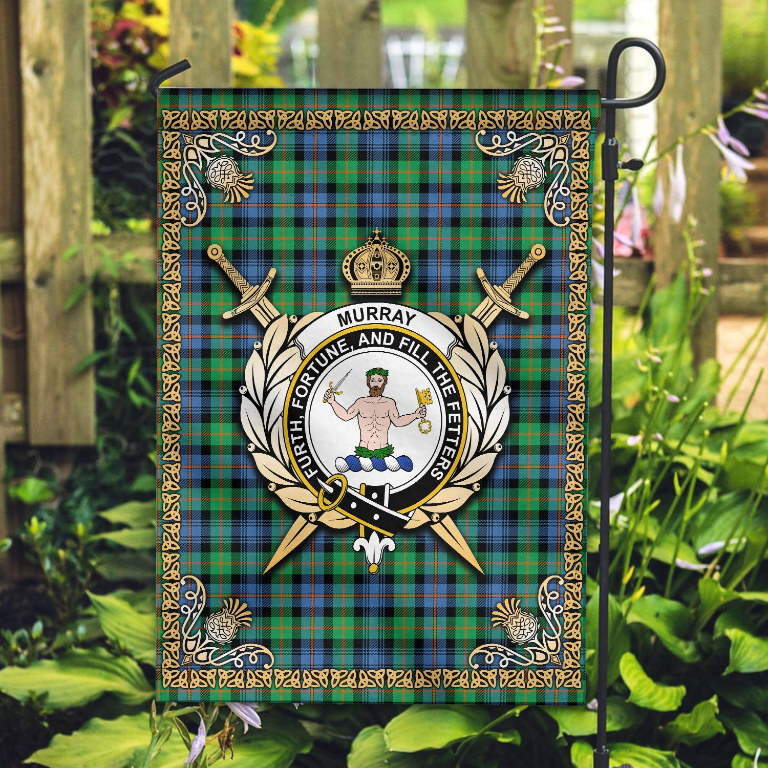 Murray of Atholl Ancient Tartan Crest Garden Flag - Celtic Thistle Style