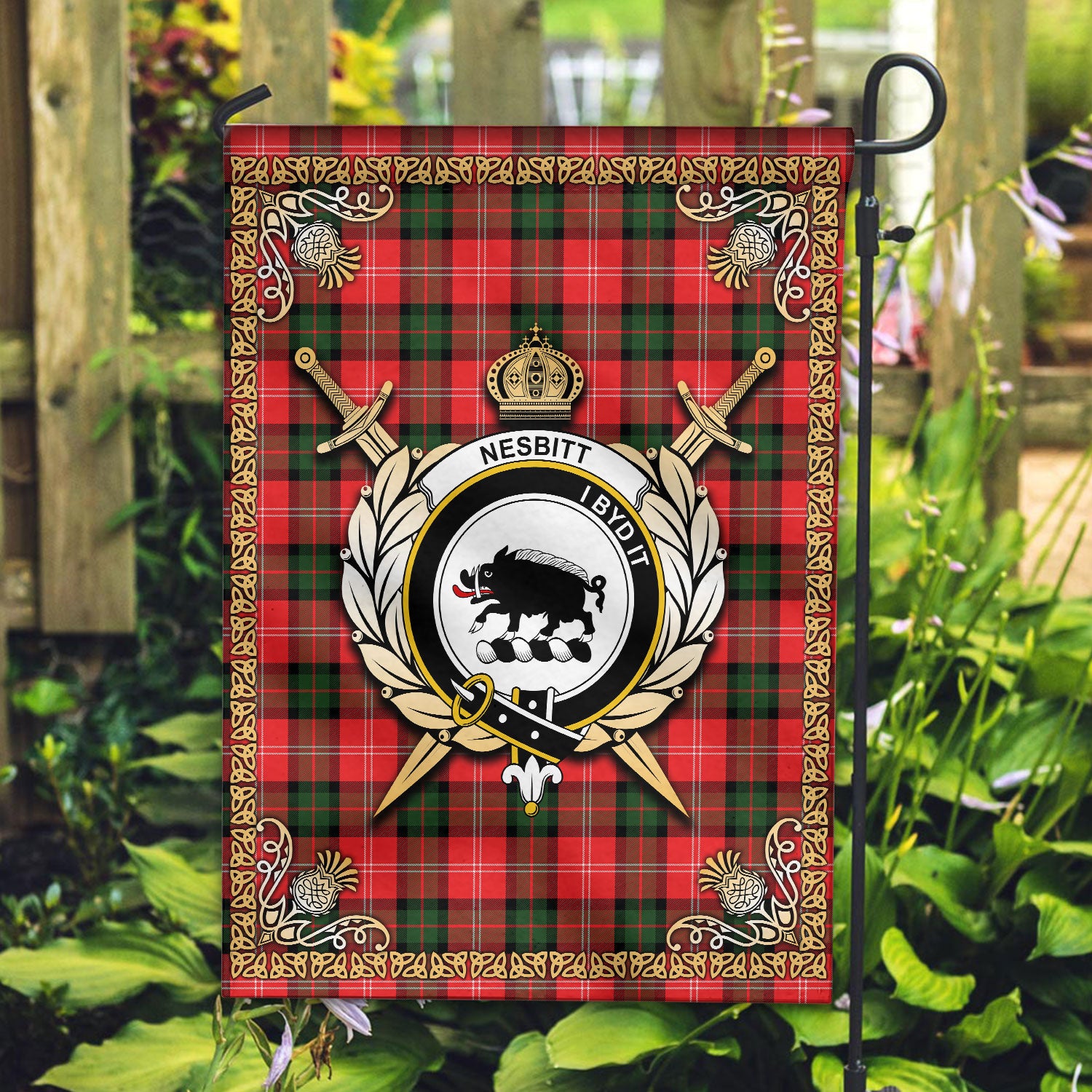 Nesbitt Modern Tartan Crest Garden Flag - Celtic Thistle Style