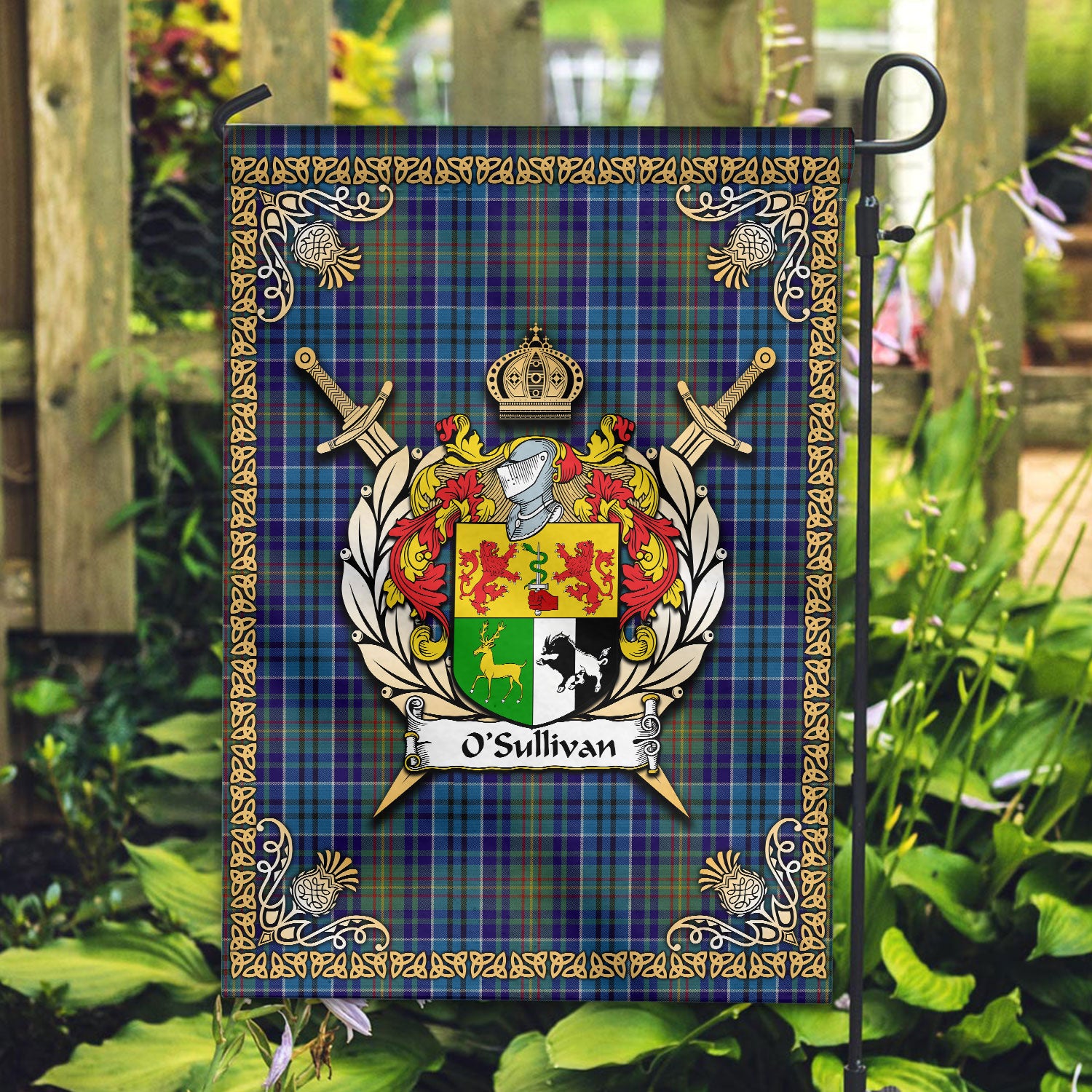 O'Sullivan Tartan Crest Garden Flag - Celtic Thistle Style