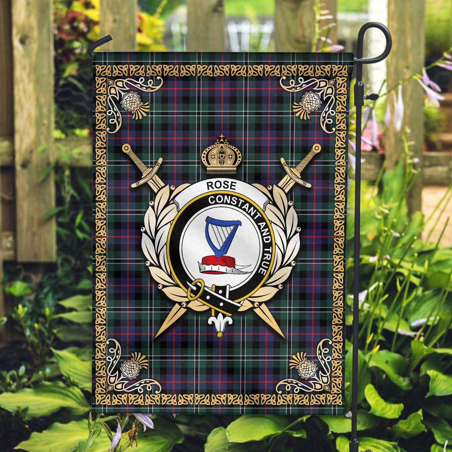 Rose Hunting Modern Tartan Crest Garden Flag - Celtic Thistle Style