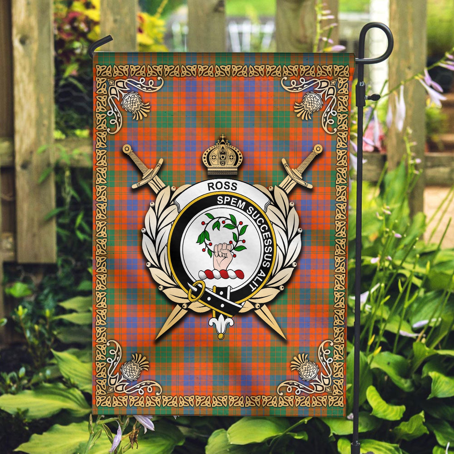 Ross Ancient Tartan Crest Garden Flag - Celtic Thistle Style