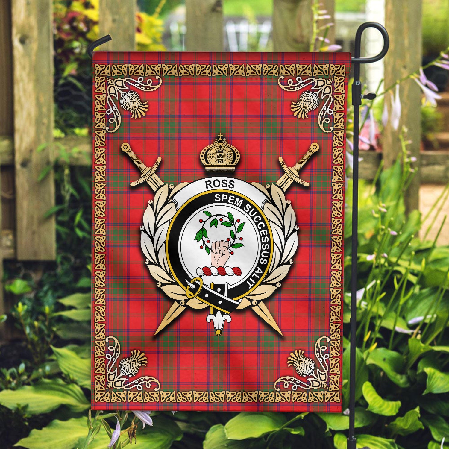 Ross Modern Tartan Crest Garden Flag - Celtic Thistle Style