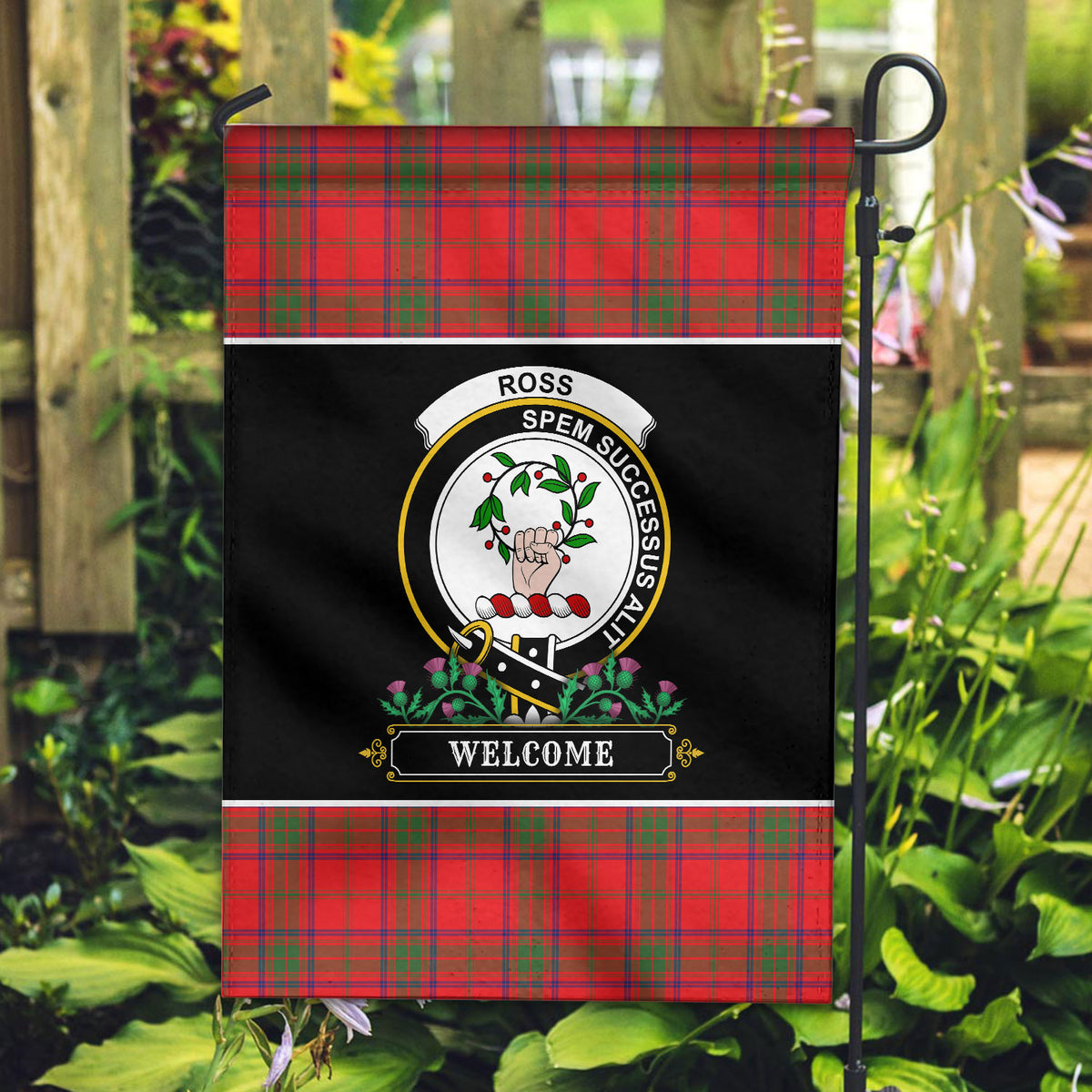 Ross Modern Tartan Crest Garden Flag - Welcome Style