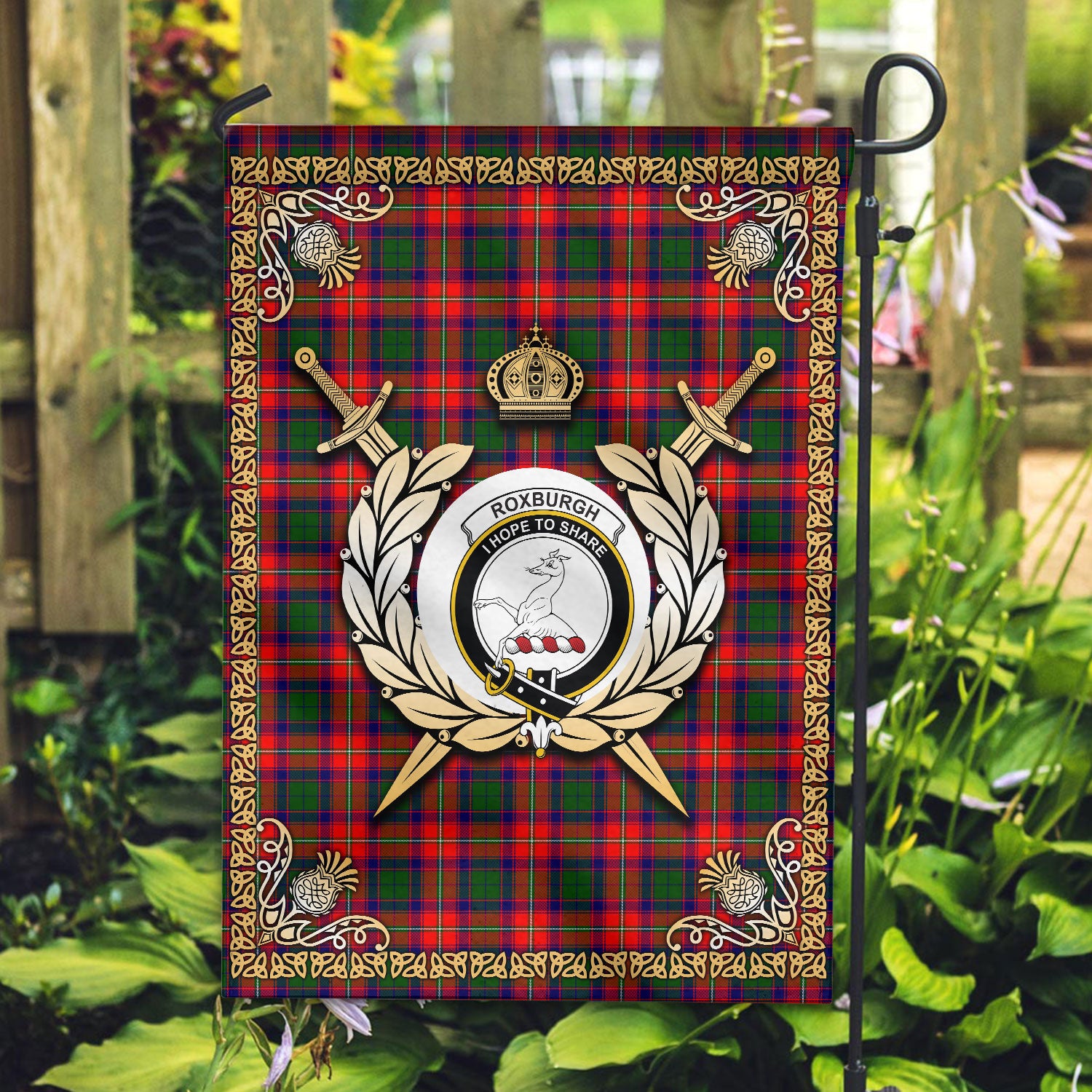 Roxburgh District Tartan Crest Garden Flag - Celtic Thistle Style