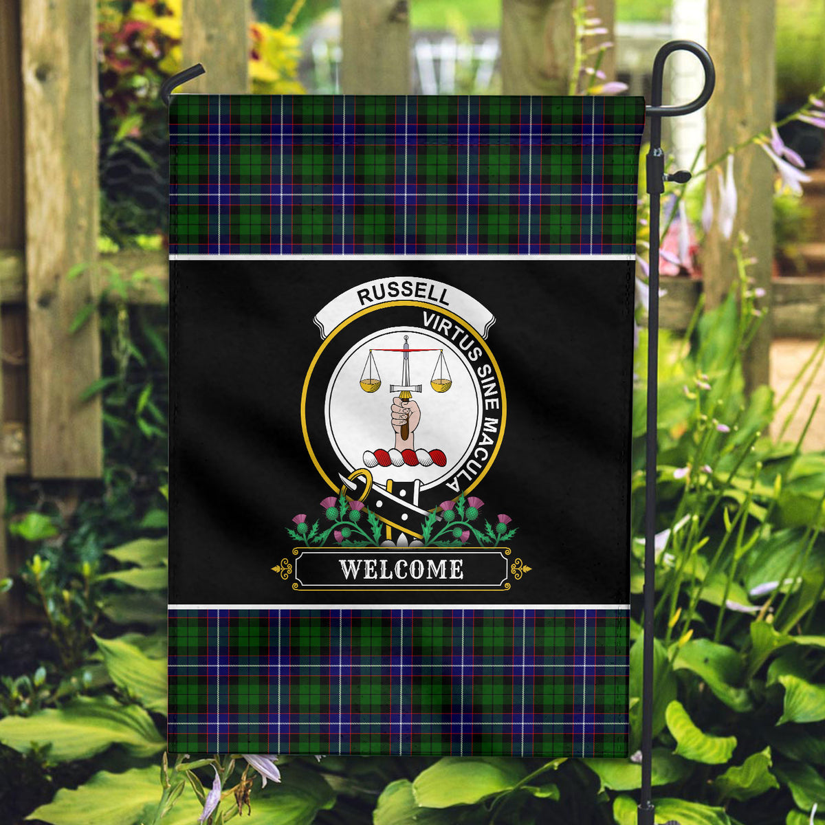 Russell Modern Tartan Crest Garden Flag - Welcome Style