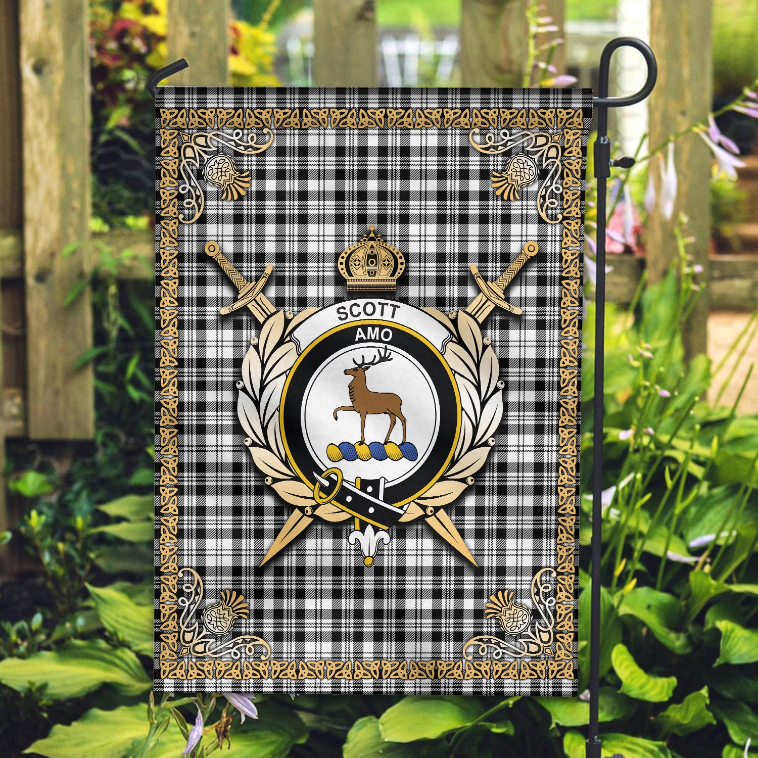 Scott Black & White Modern Tartan Crest Garden Flag - Celtic Thistle Style