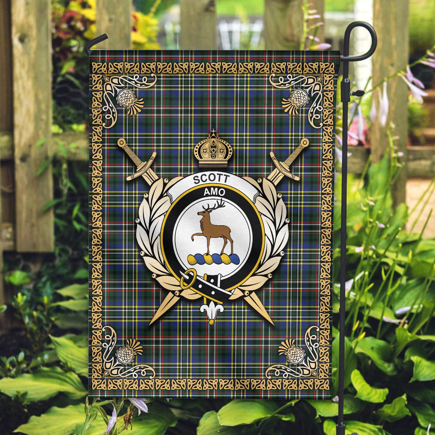 Scott Green Modern Tartan Crest Garden Flag - Celtic Thistle Style