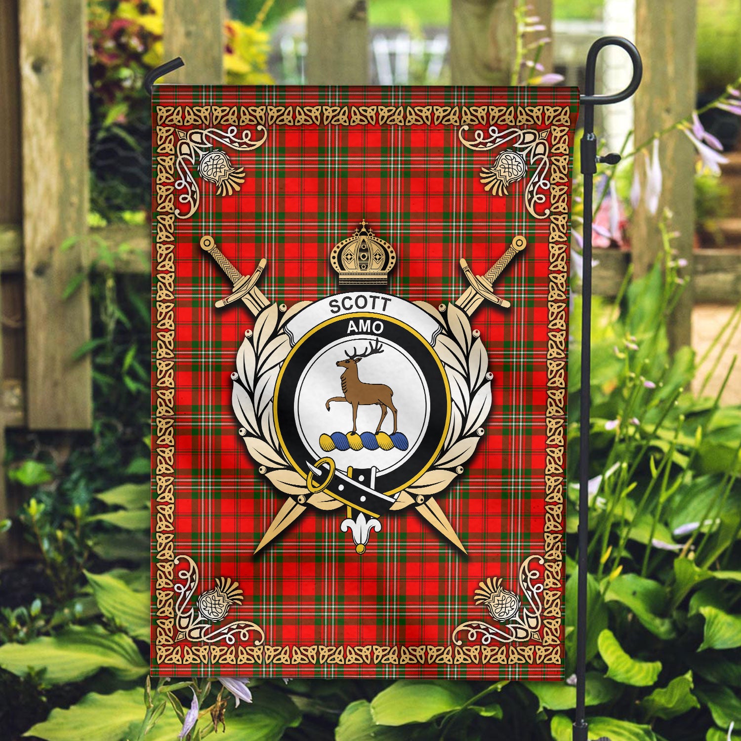 Scott Modern Tartan Crest Garden Flag - Celtic Thistle Style