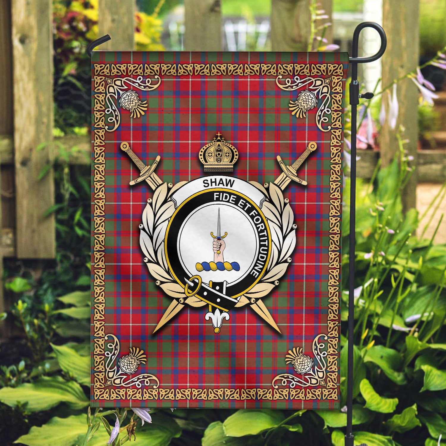 Shaw Red Modern Tartan Crest Garden Flag - Celtic Thistle Style