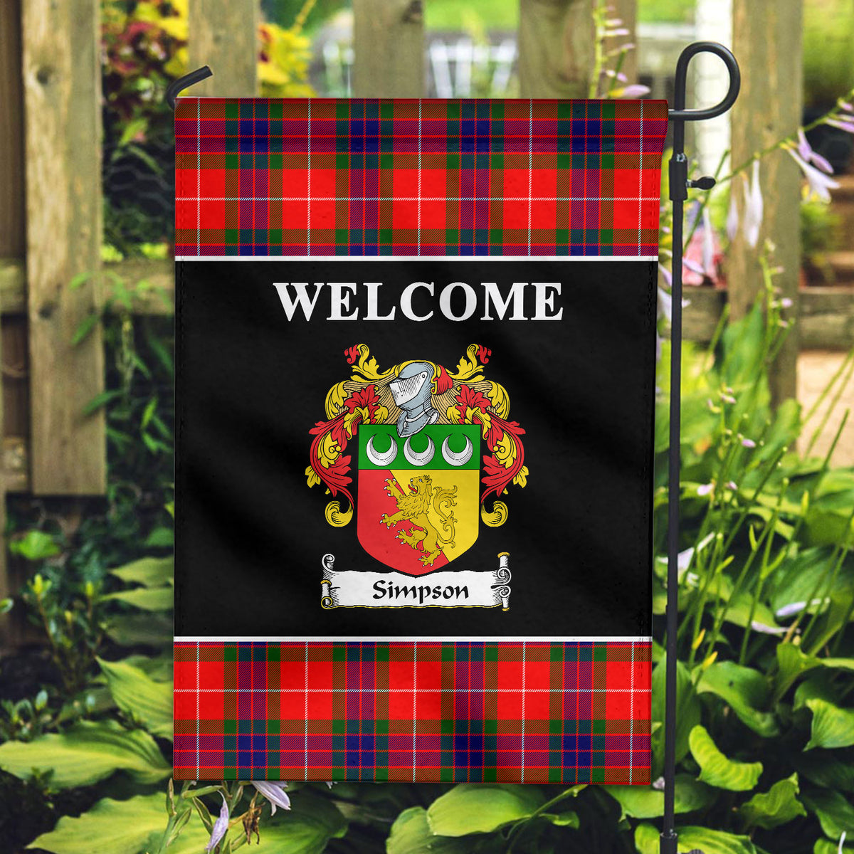 Simpson Tartan Crest Black Garden Flag