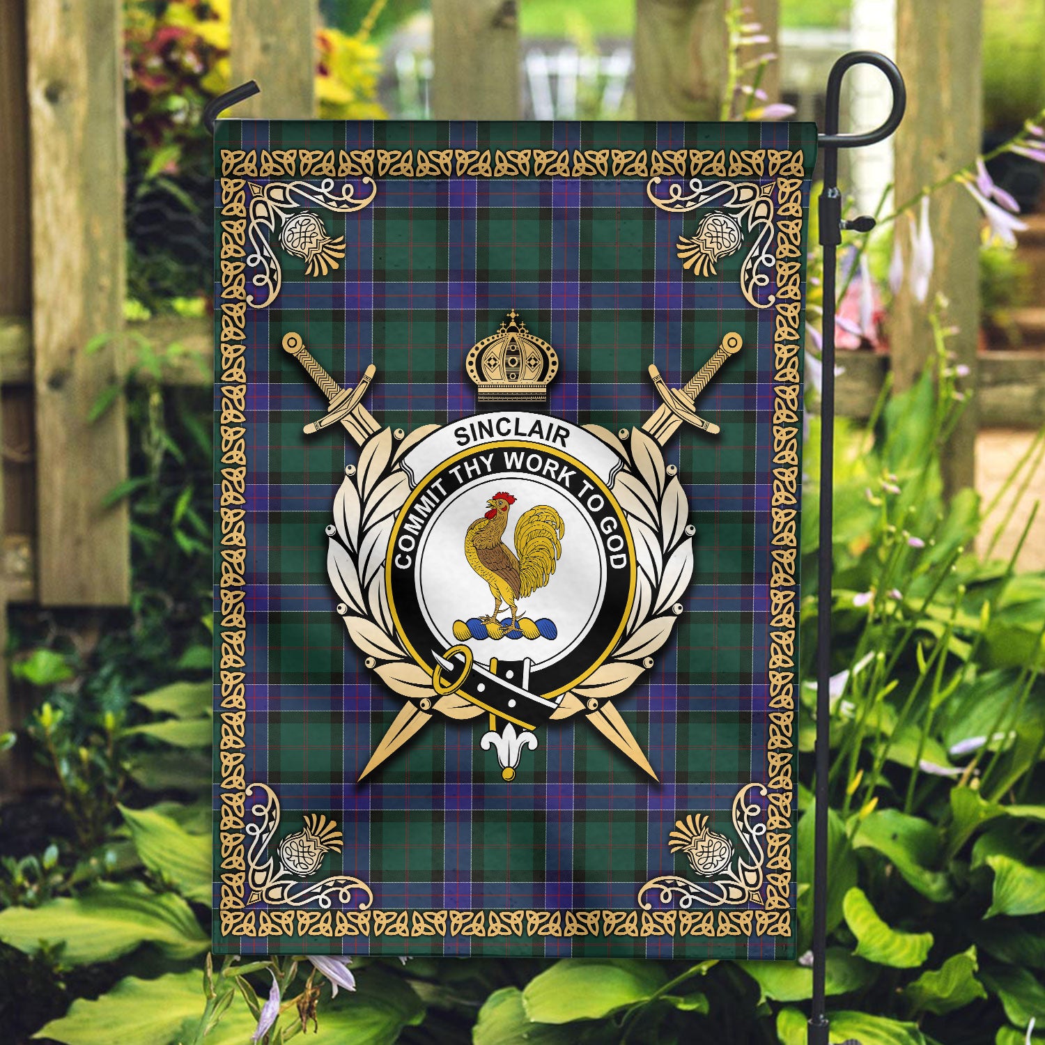 Sinclair Hunting Modern Tartan Crest Garden Flag - Celtic Thistle Style