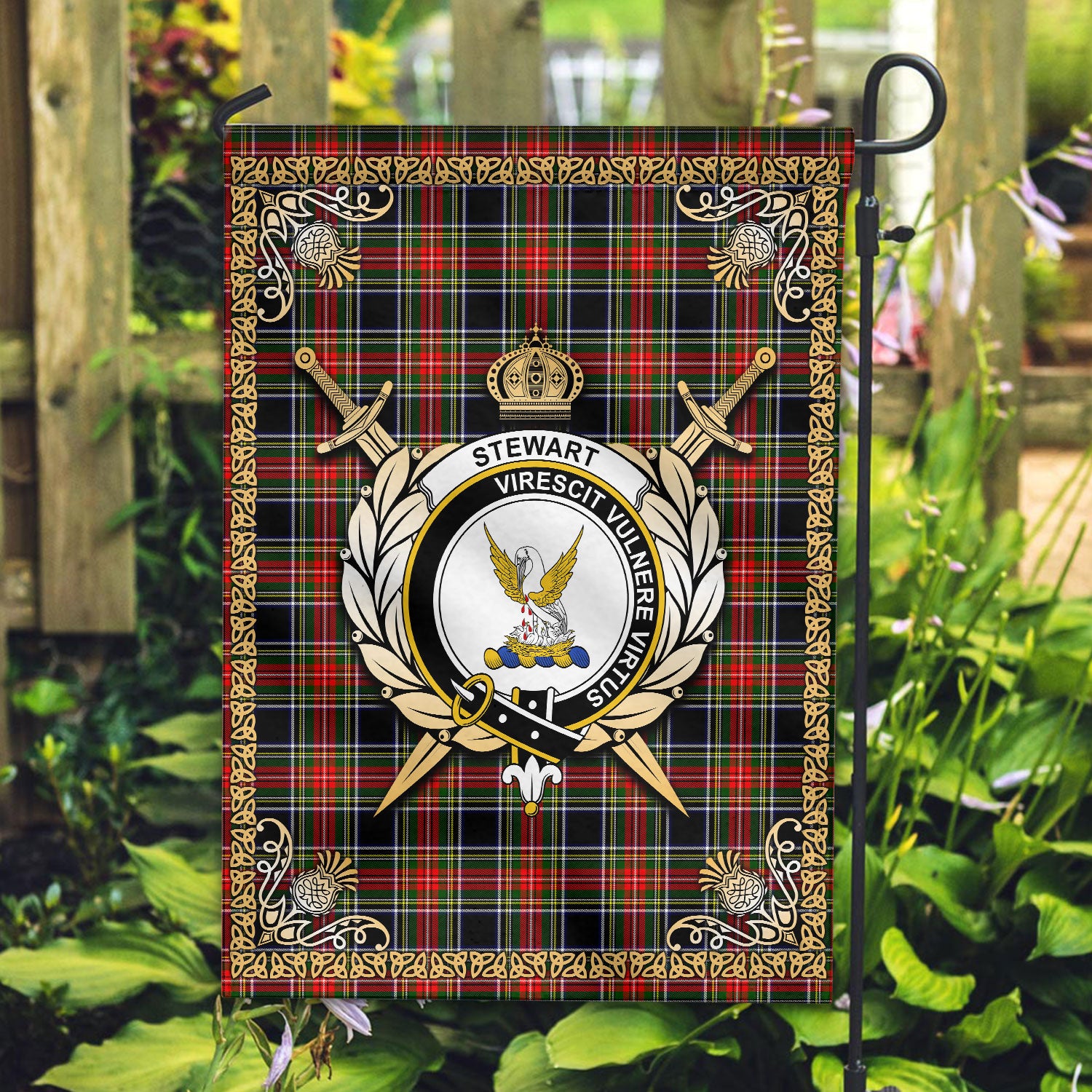 Stewart Black Tartan Crest Garden Flag - Celtic Thistle Style