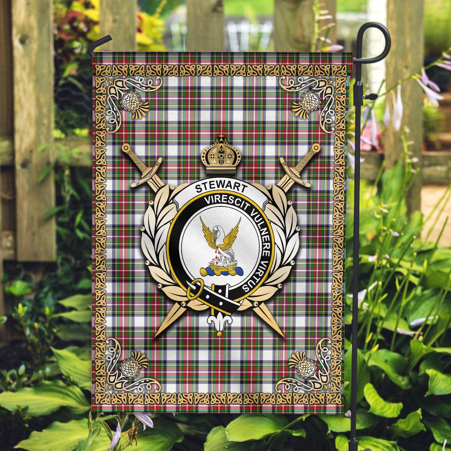 Stewart Dress Modern Tartan Crest Garden Flag - Celtic Thistle Style