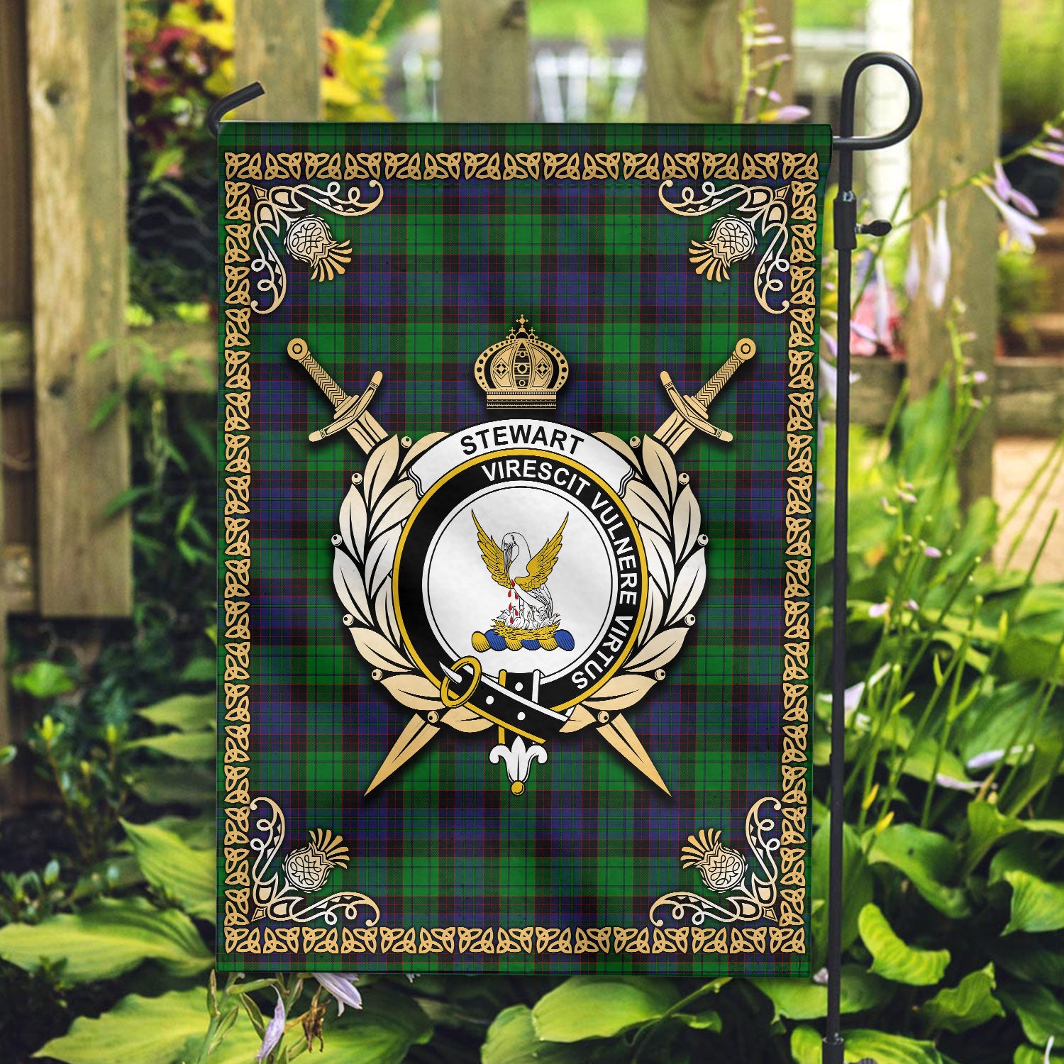 Stewart Old Modern Tartan Crest Garden Flag - Celtic Thistle Style