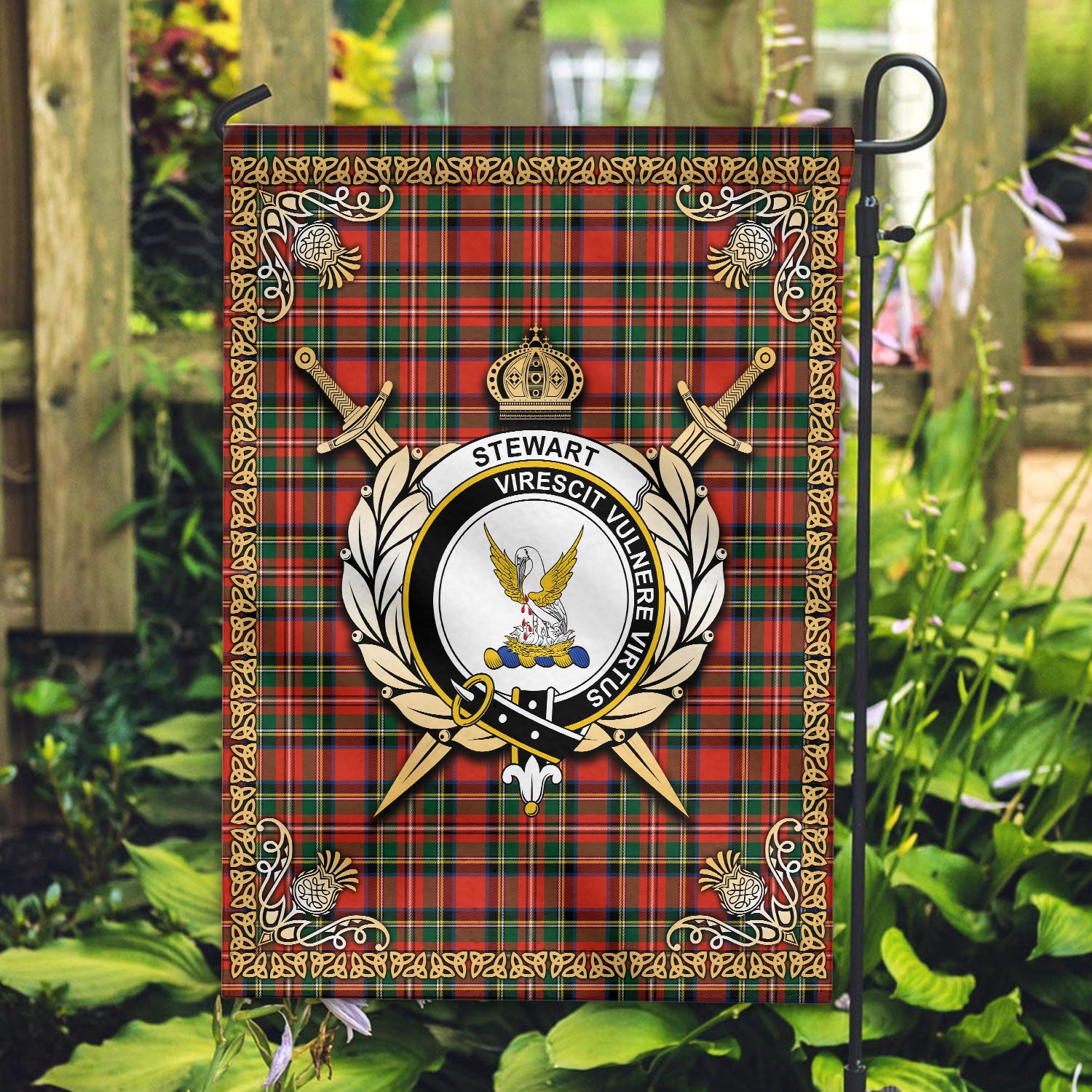 Stewart Royal Modern Tartan Crest Garden Flag - Celtic Thistle Style