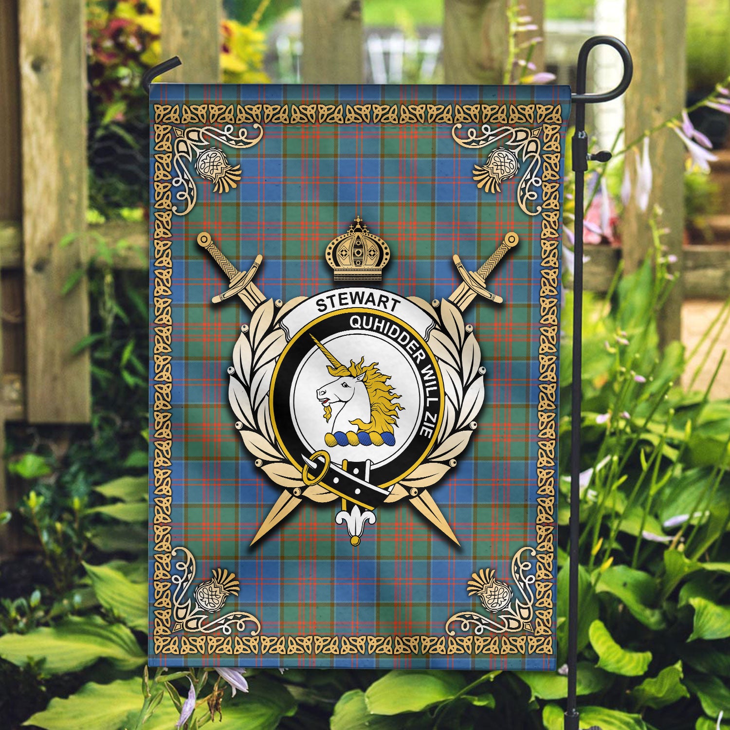 Stewart of Appin Hunting Ancient Tartan Crest Garden Flag - Celtic Thistle Style