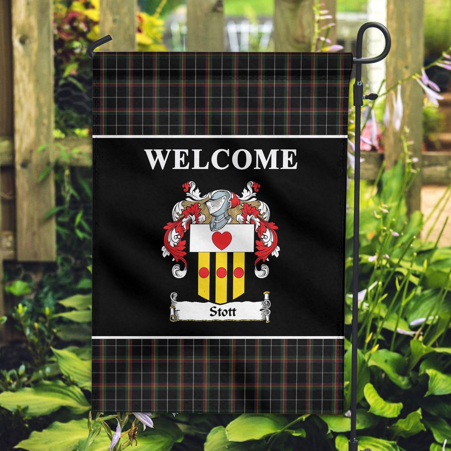 Stott Tartan Crest Black Garden Flag