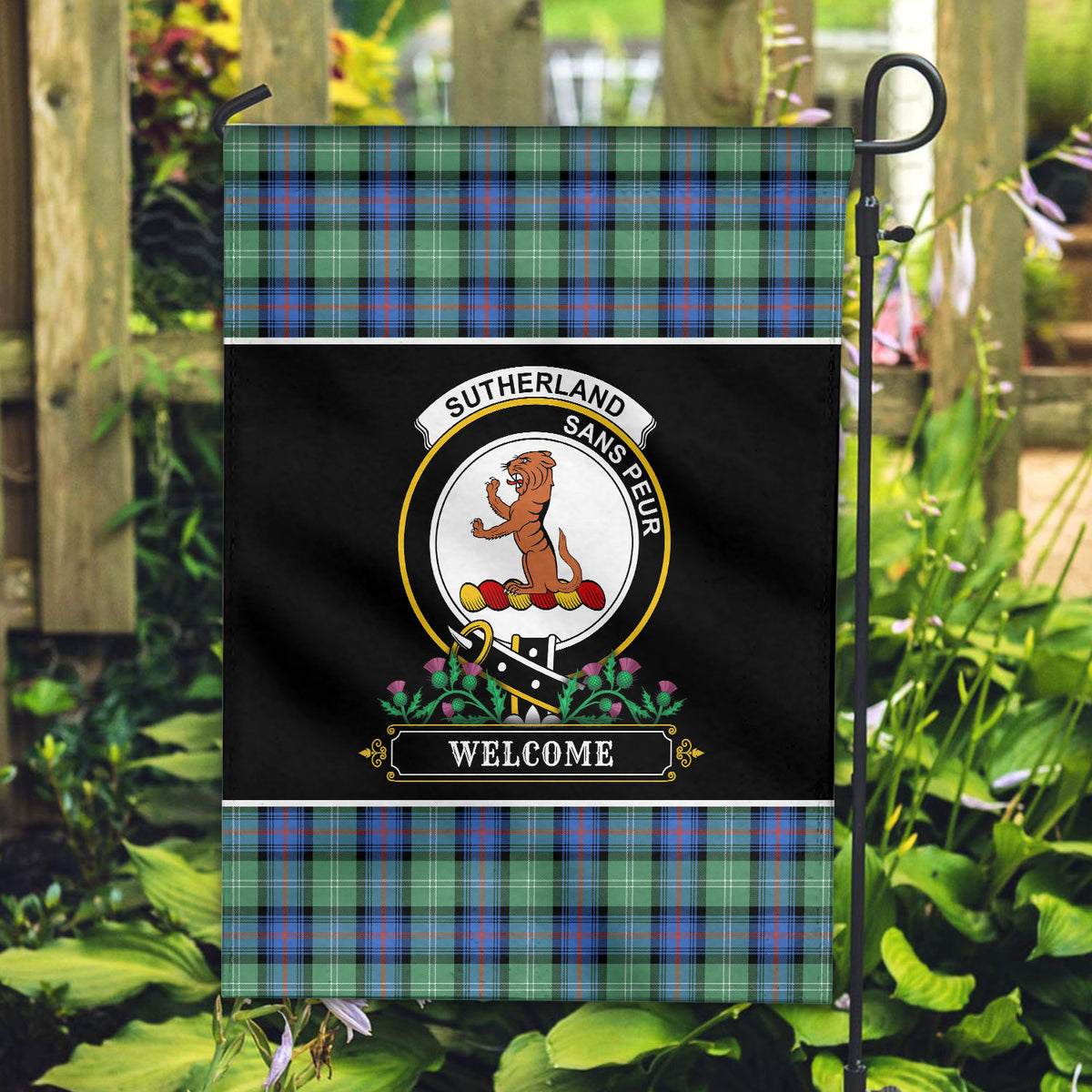 Sutherland Old Ancient Tartan Crest Garden Flag - Welcome Style