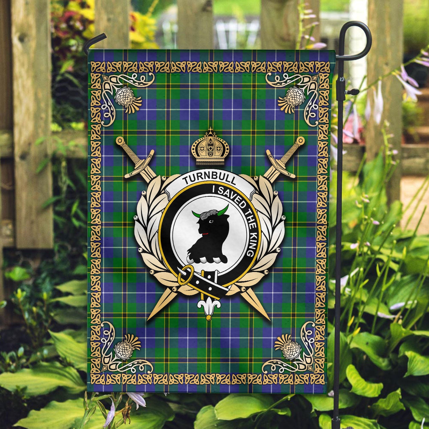 Turnbull Hunting Tartan Crest Garden Flag - Celtic Thistle Style