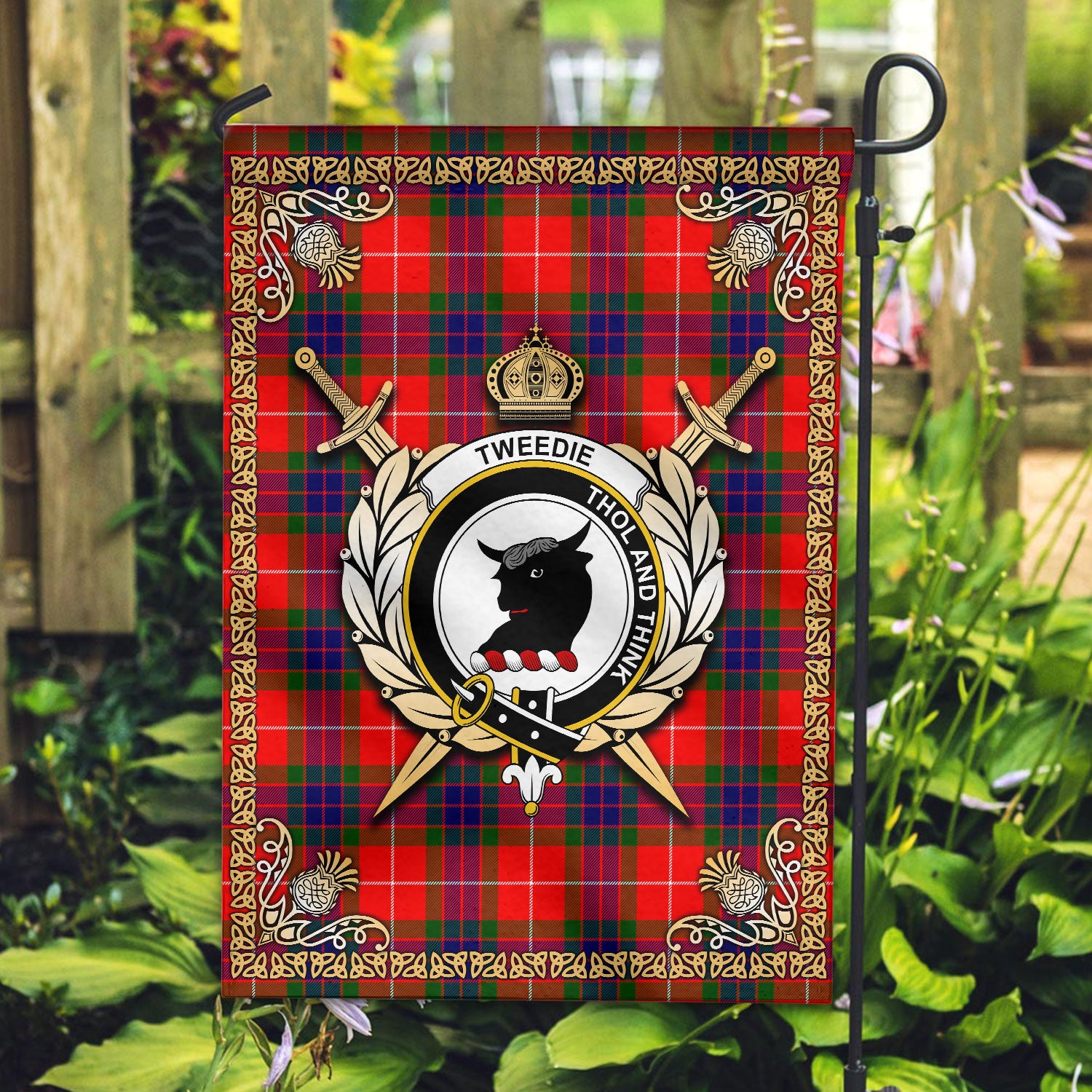 Tweedie Tartan Crest Garden Flag - Celtic Thistle Style