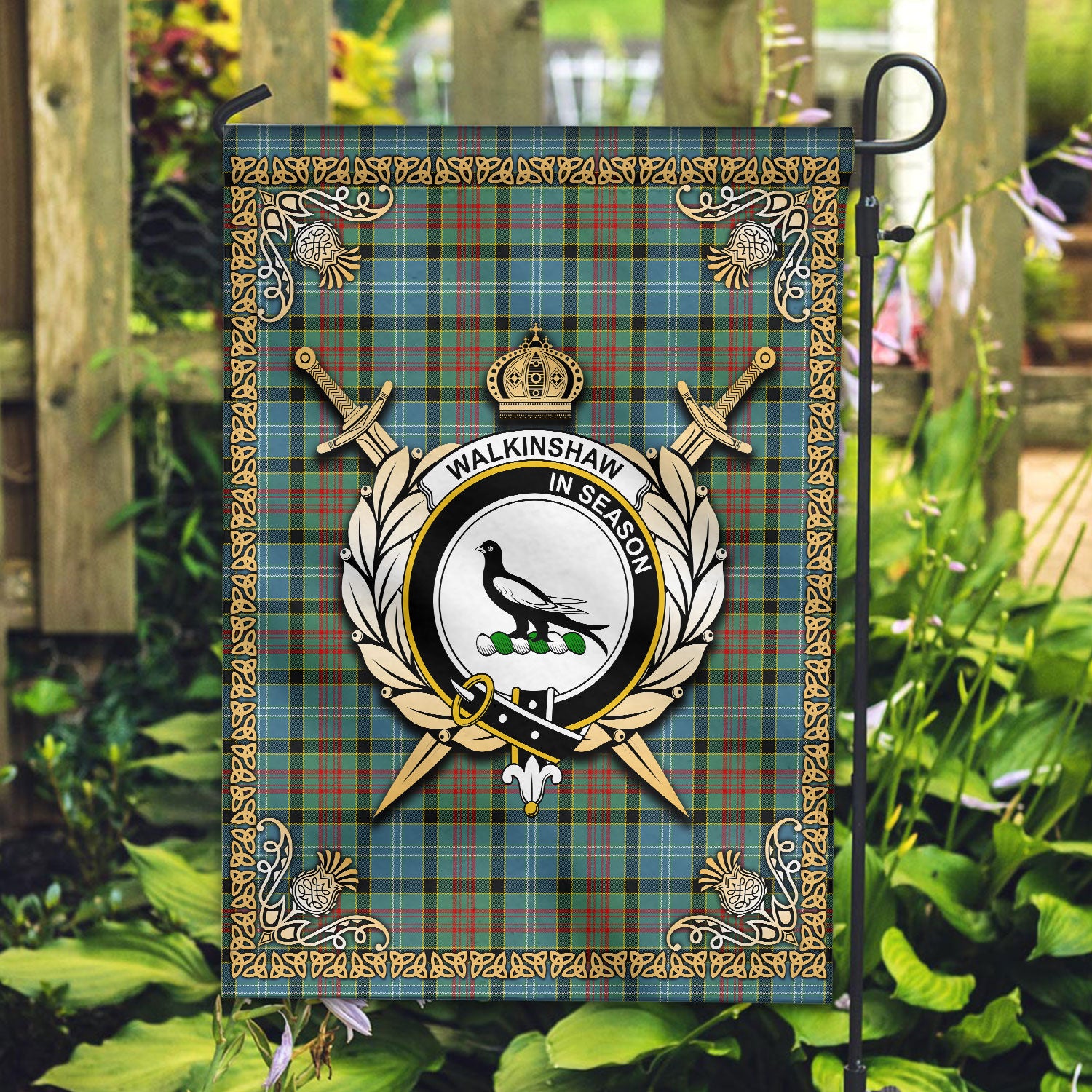 Walkinshaw Tartan Crest Garden Flag - Celtic Thistle Style