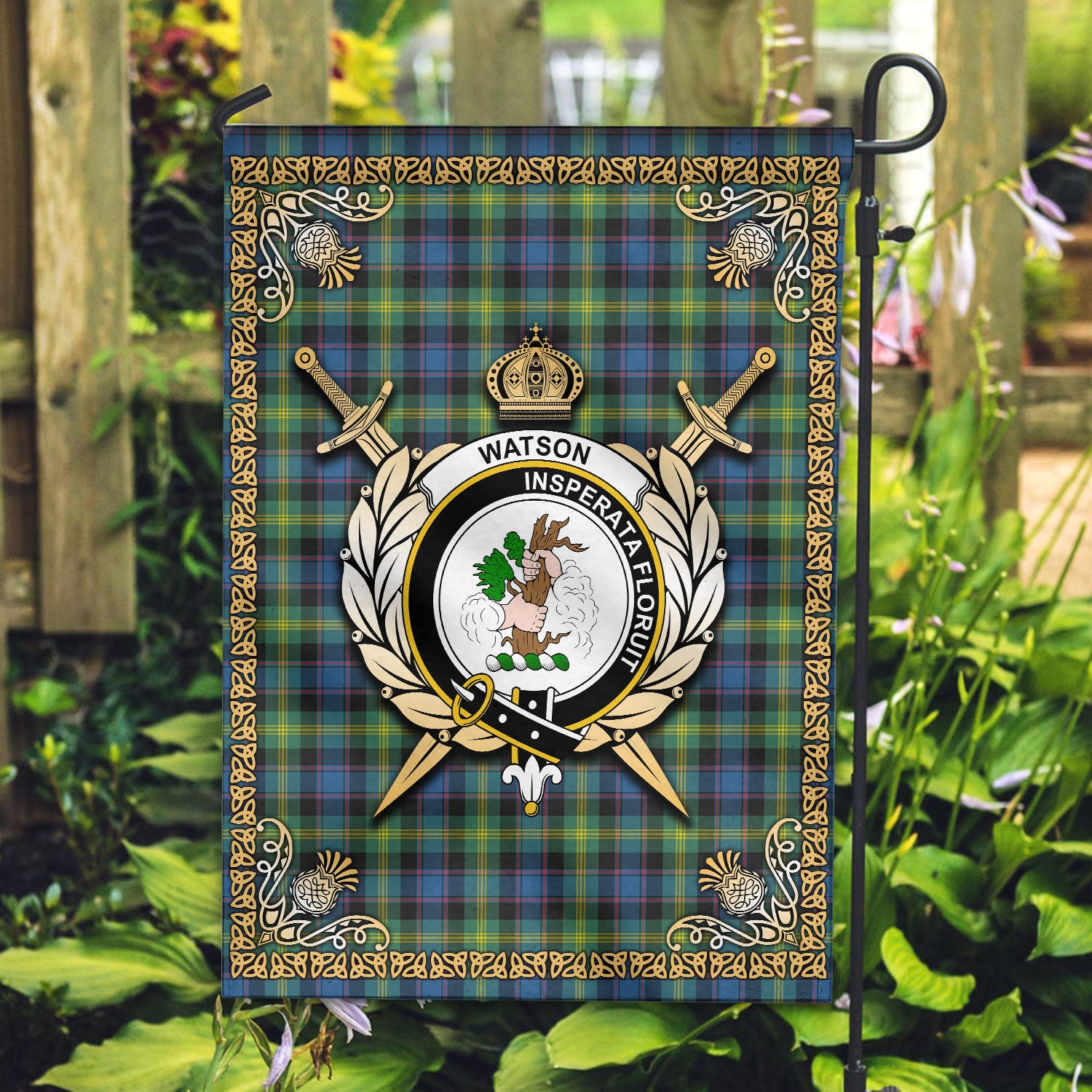 Watson Ancient Tartan Crest Garden Flag - Celtic Thistle Style