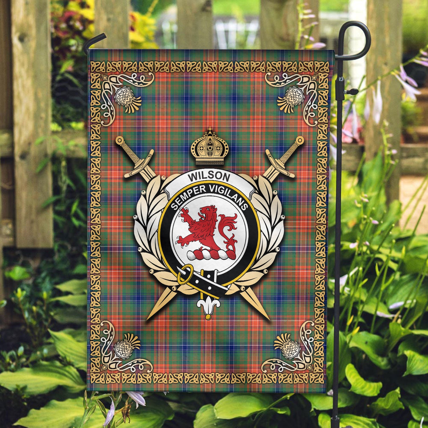 Wilson Ancient Tartan Crest Garden Flag - Celtic Thistle Style