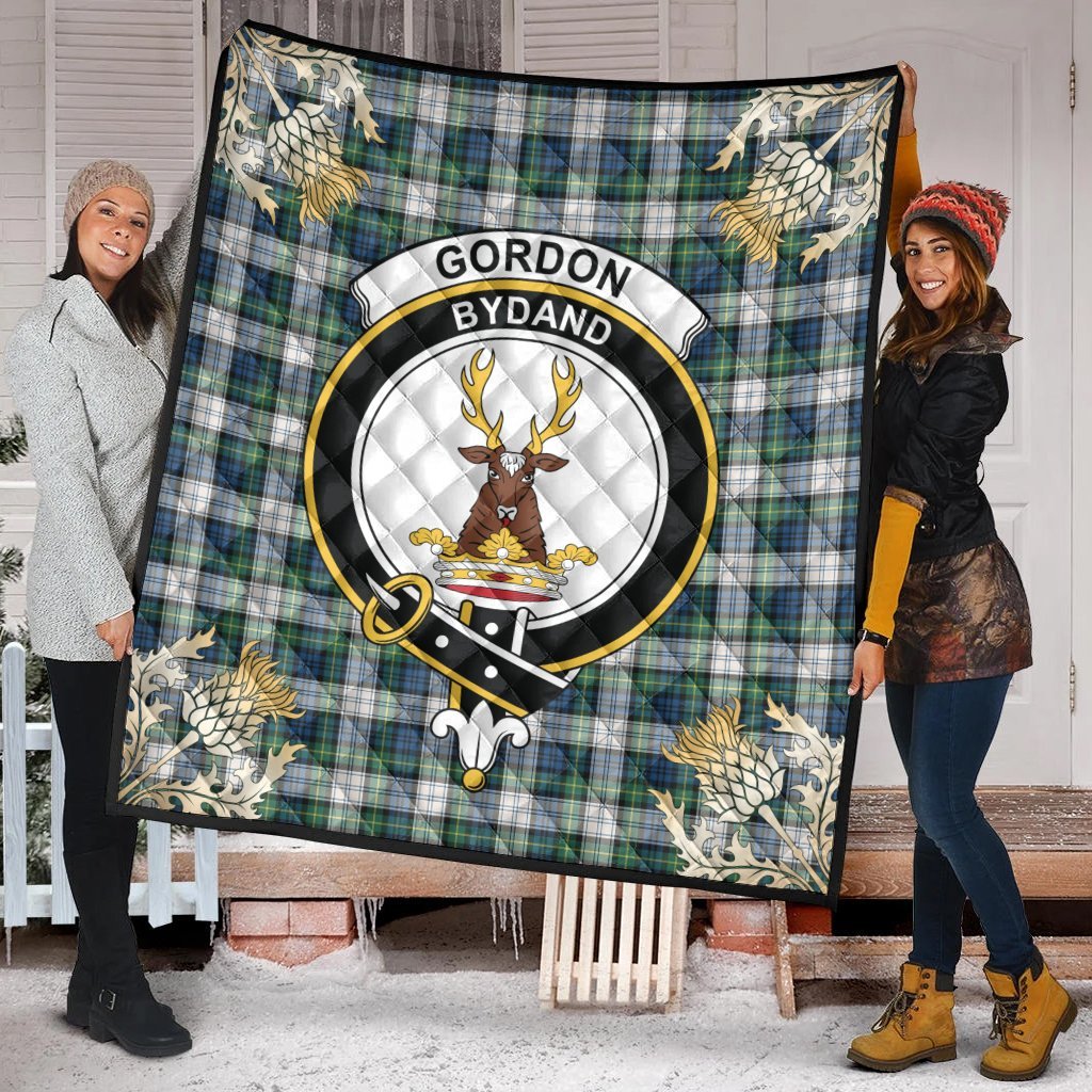 Gordon Dress Ancient Tartan Crest Premium Quilt - Gold Thistle Style