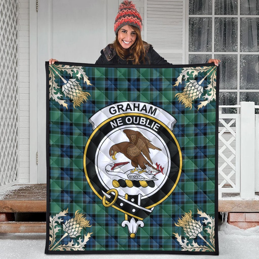 Graham of Menteith Ancient Tartan Crest Premium Quilt - Gold Thistle Style