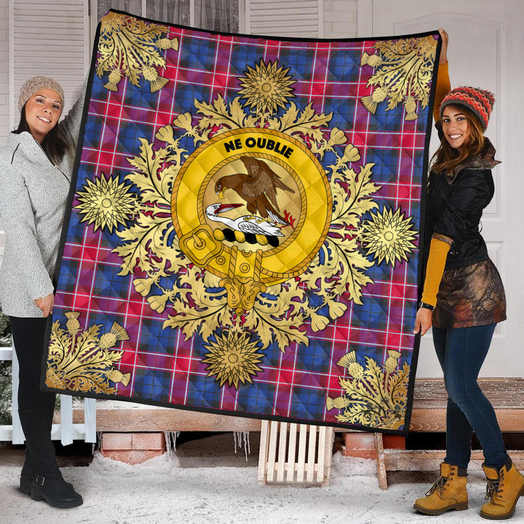 Graham Of Menteith Red Tartan Crest Premium Quilt - Gold Thistle Style
