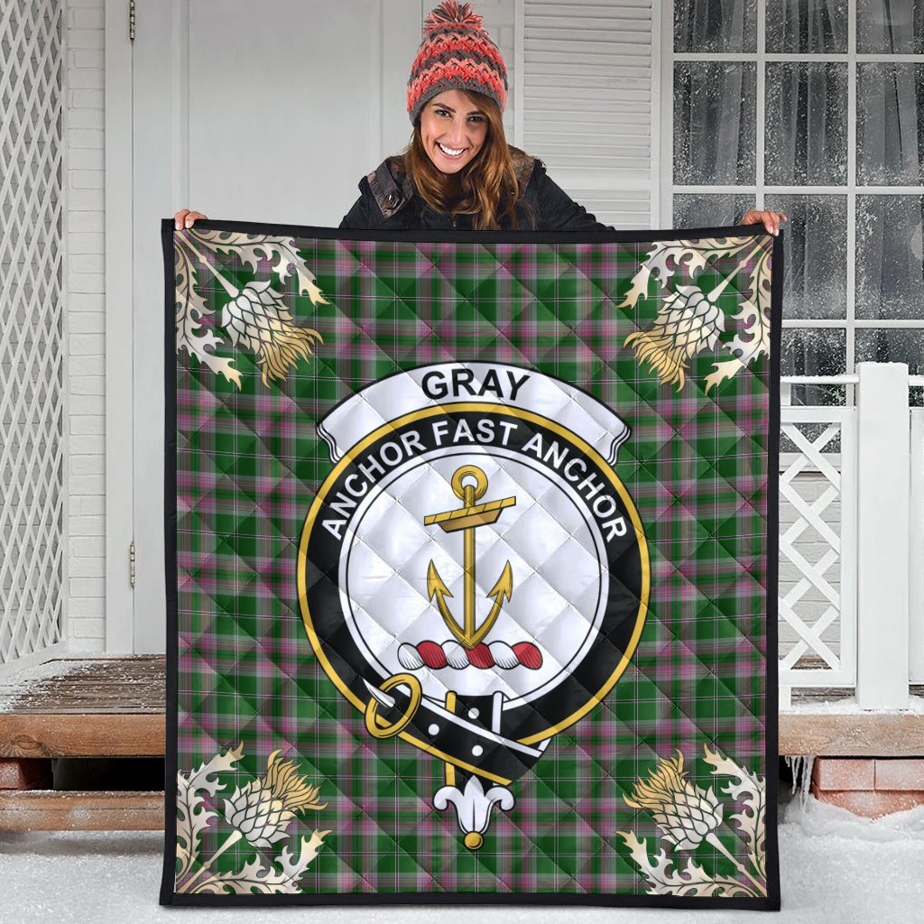 Gray Hunting Tartan Crest Premium Quilt - Gold Thistle Style