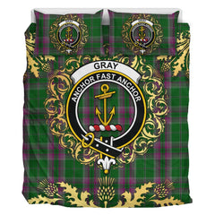 Gray Hunting Tartan Crest Bedding Set - Golden Thistle Style