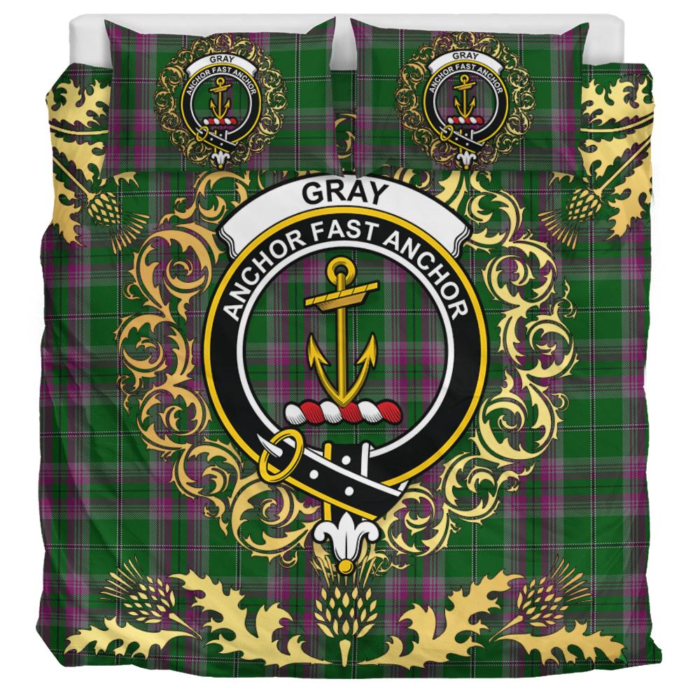 Gray Hunting Tartan Crest Bedding Set - Golden Thistle Style