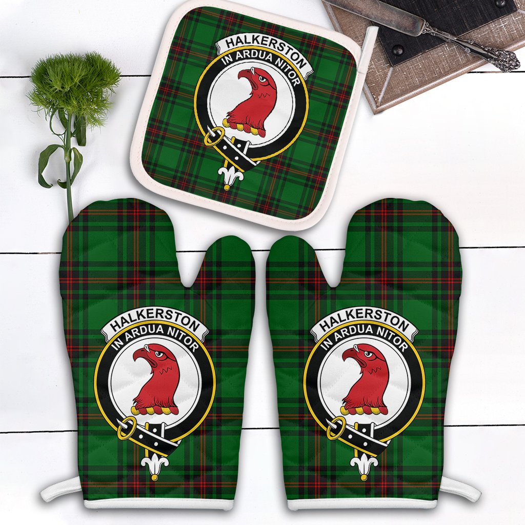 Halkerston Tartan Crest Oven Mitt And Pot Holder (2 Oven Mitts + 1 Pot Holder)