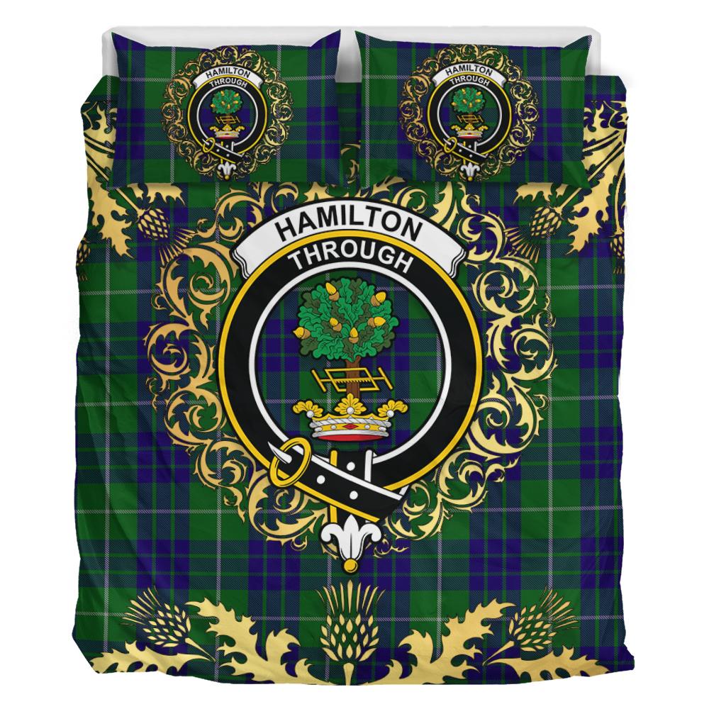 Hamilton Green Hunting Tartan Crest Bedding Set - Golden Thistle Style