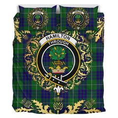 Hamilton Green Hunting Tartan Crest Bedding Set - Golden Thistle Style