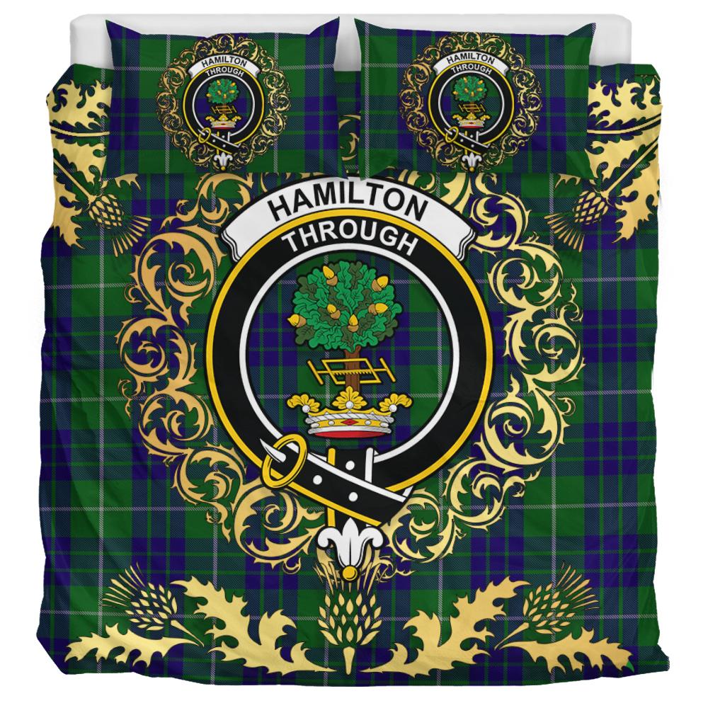 Hamilton Green Hunting Tartan Crest Bedding Set - Golden Thistle Style