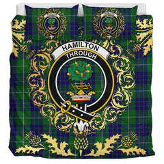 Hamilton Green Hunting Tartan Crest Bedding Set - Golden Thistle Style