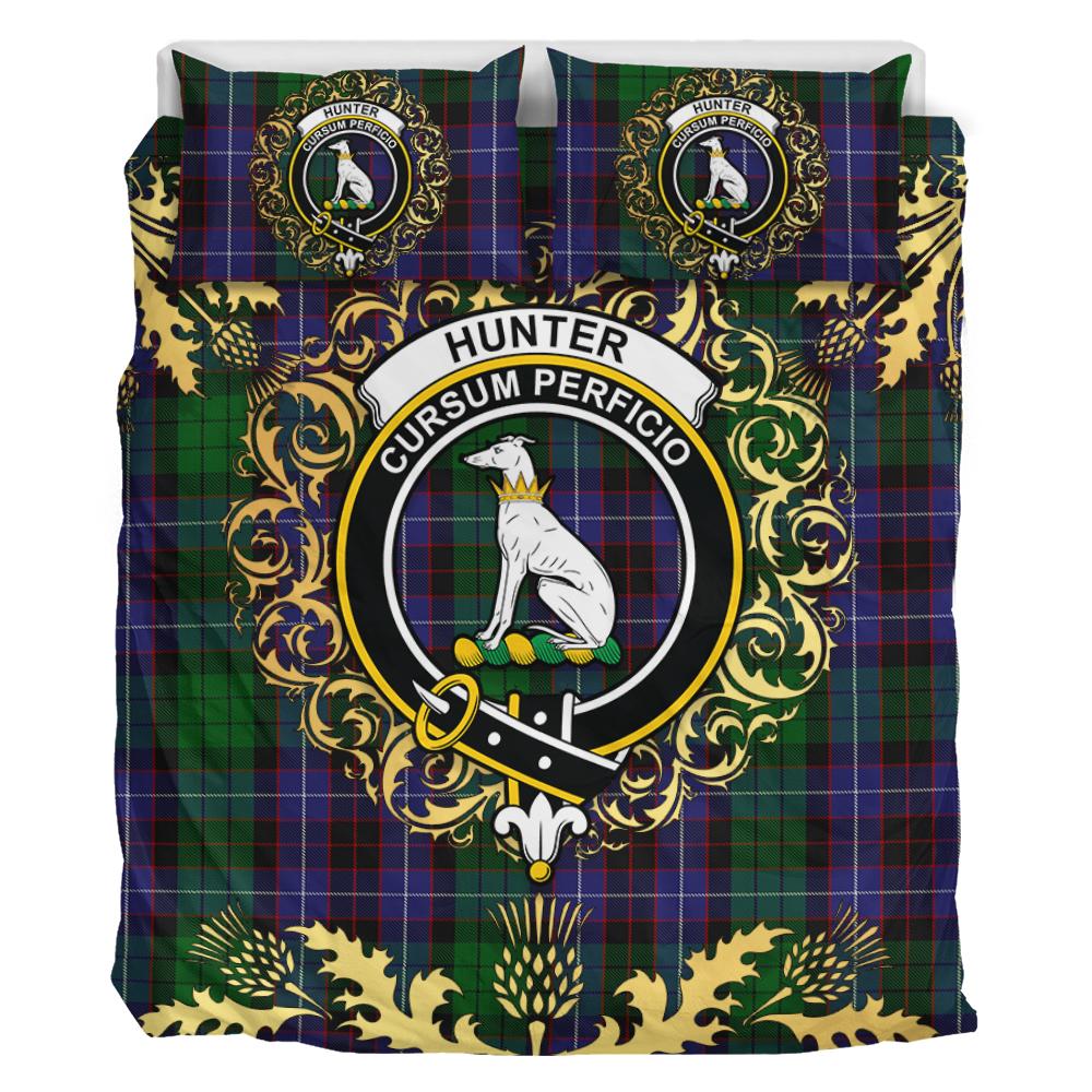 Hunter of Peebleshire Tartan Crest Bedding Set - Golden Thistle Style