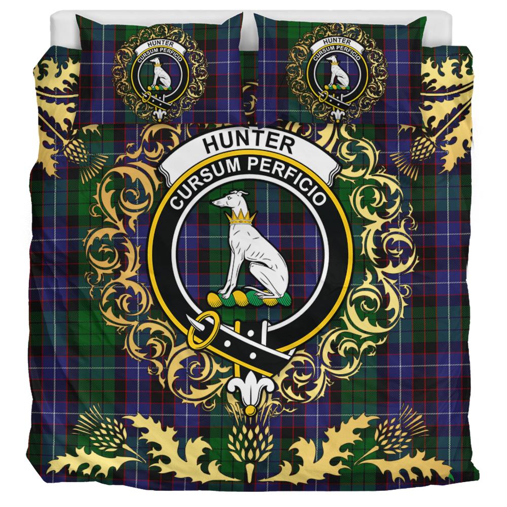 Hunter of Peebleshire Tartan Crest Bedding Set - Golden Thistle Style