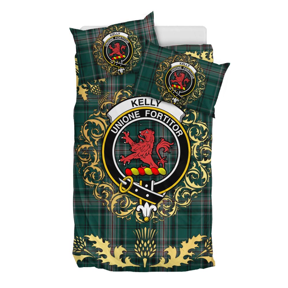Kelly of Sleat Hunting Tartan Crest Bedding Set - Golden Thistle Style