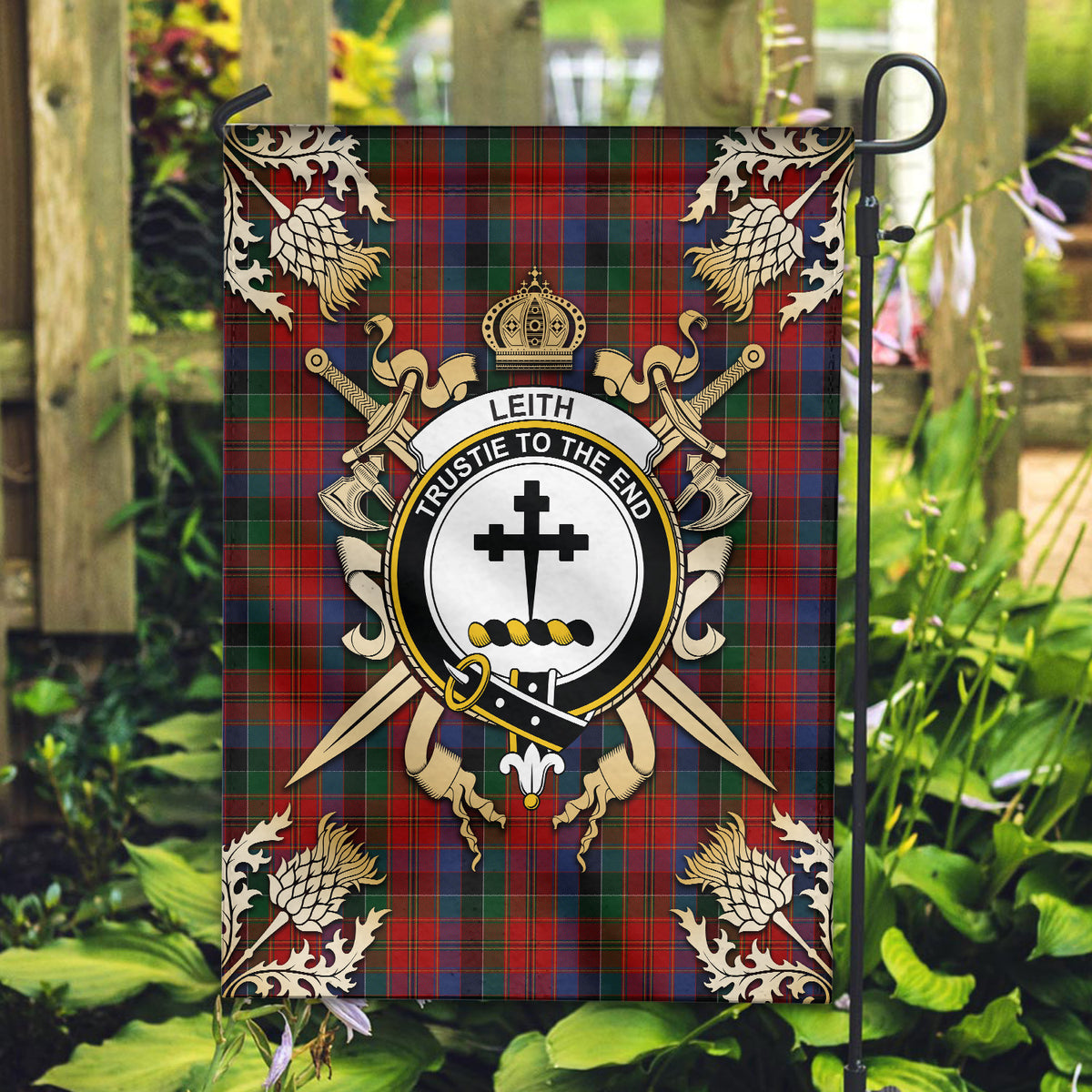 Leith Tartan Crest Black Garden Flag - Gold Thistle Style