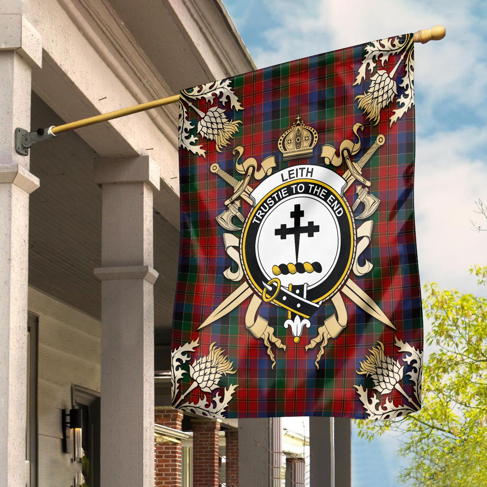 Leith Tartan Crest Black Garden Flag - Gold Thistle Style