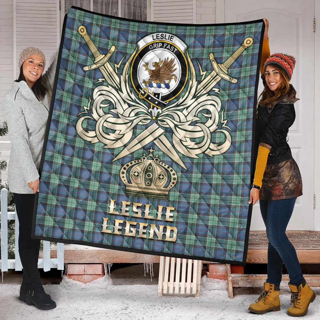 Leslie Hunting Ancient Tartan Crest Legend Gold Royal Premium Quilt