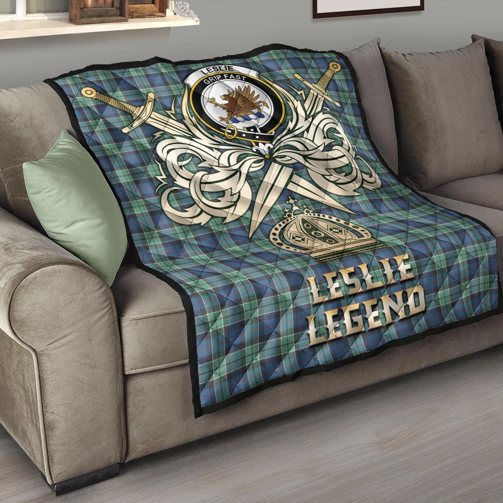 Leslie Hunting Ancient Tartan Crest Legend Gold Royal Premium Quilt