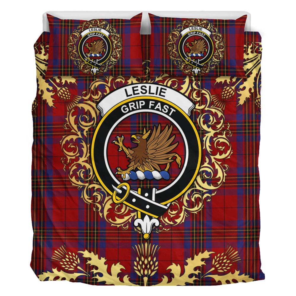 Leslie Red Tartan Crest Bedding Set - Golden Thistle Style