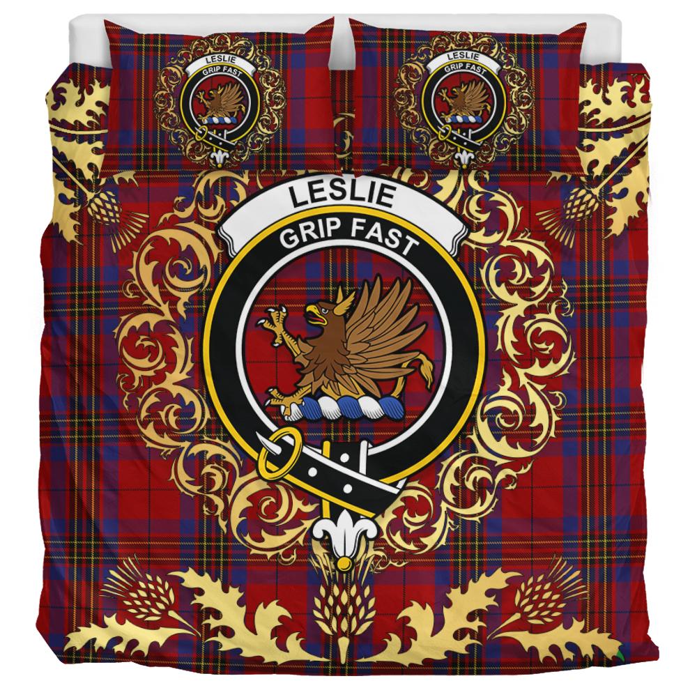 Leslie Red Tartan Crest Bedding Set - Golden Thistle Style